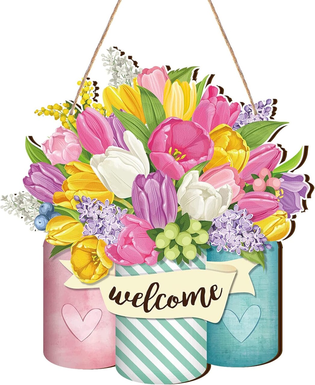 Spiareal “Flower Welcome” Spring Front Door Sign – Wood Hanging Outdoor Decor with Pink Wreath for Farmhouse Porch